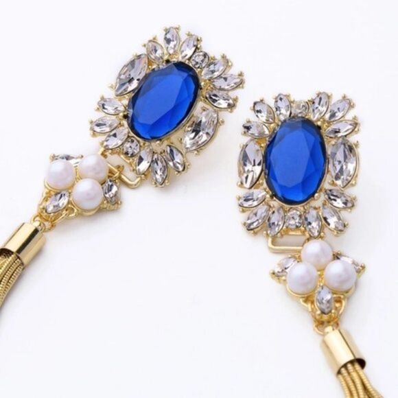 Blue Rhinestone Crystal Pearl Tassel Fringe Gold Clip On Statement Earrings - Picture 8 of 13